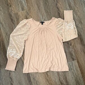 Elegant Beige Women's Top with Embroidered Sleeves